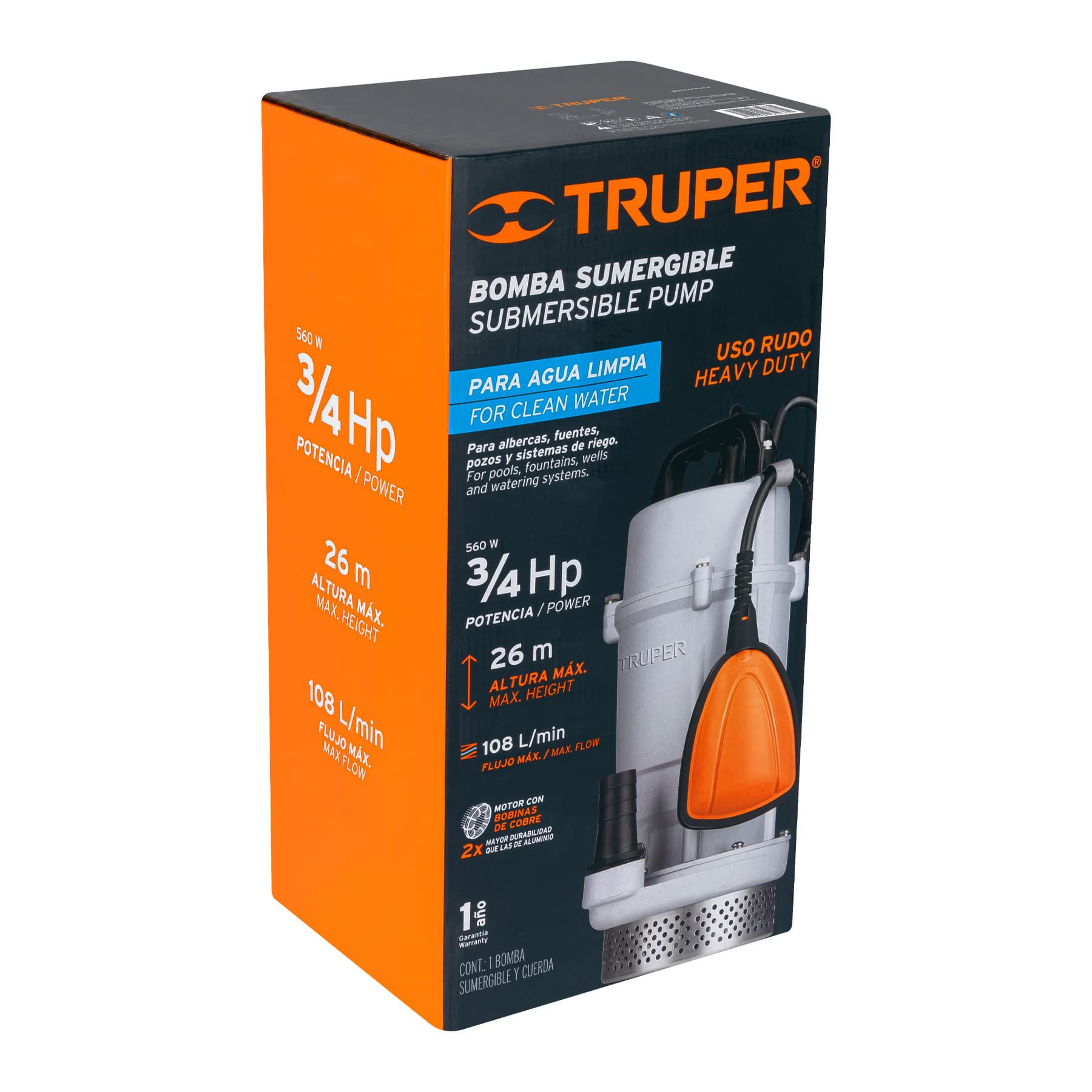 Bomba sumergible 3/4 hp para agua limpia Truper