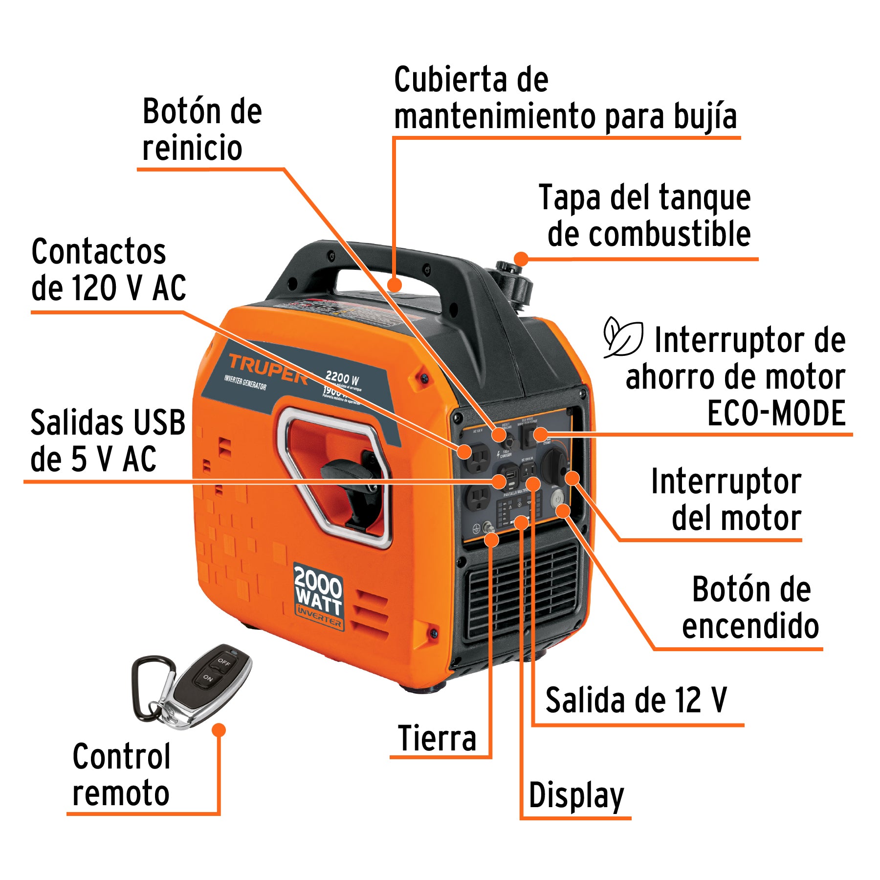 Generador silencioso inverter 2,200W enc. electronico Truper
