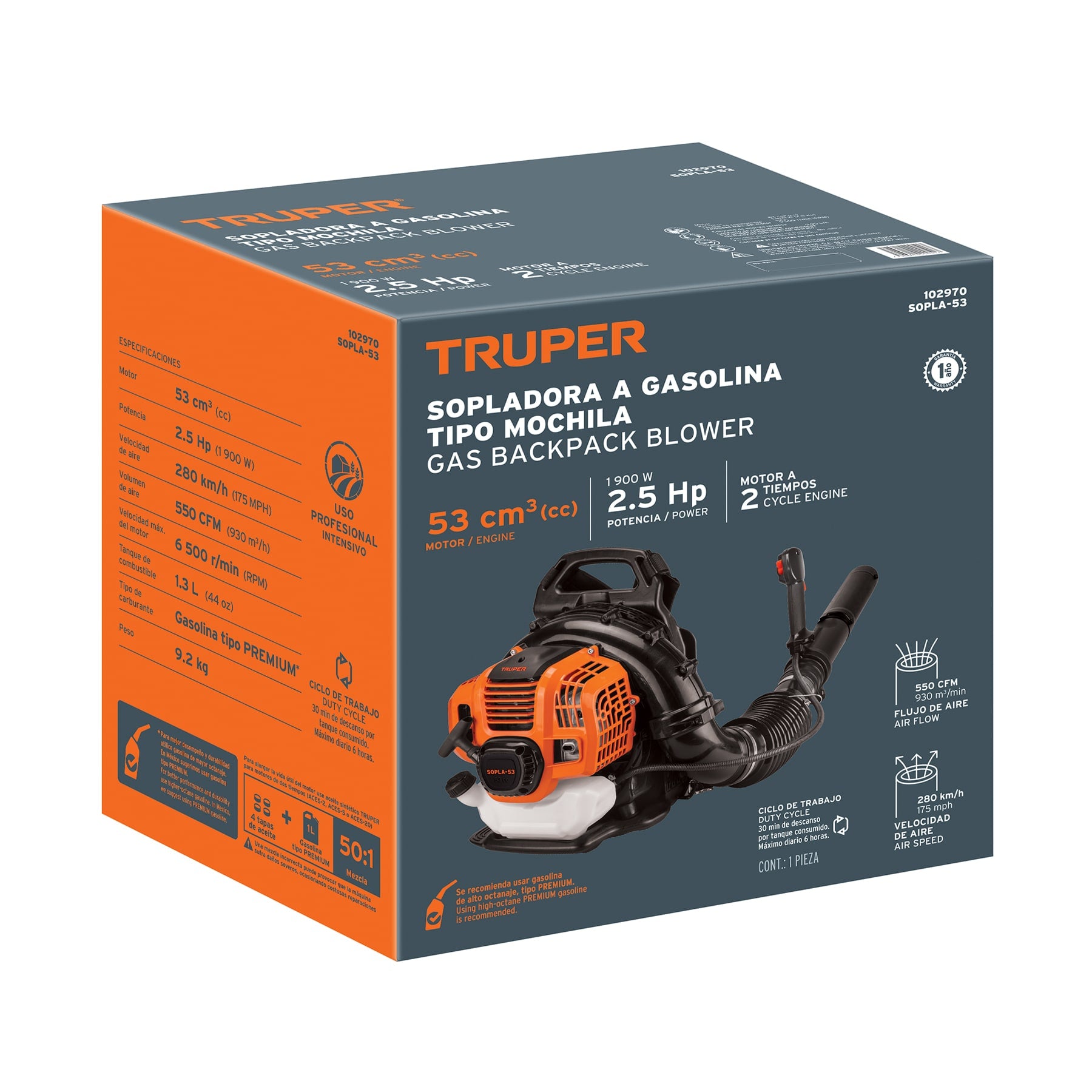 Sopladora con motor a gasolina 53cc tipo mochila Truper